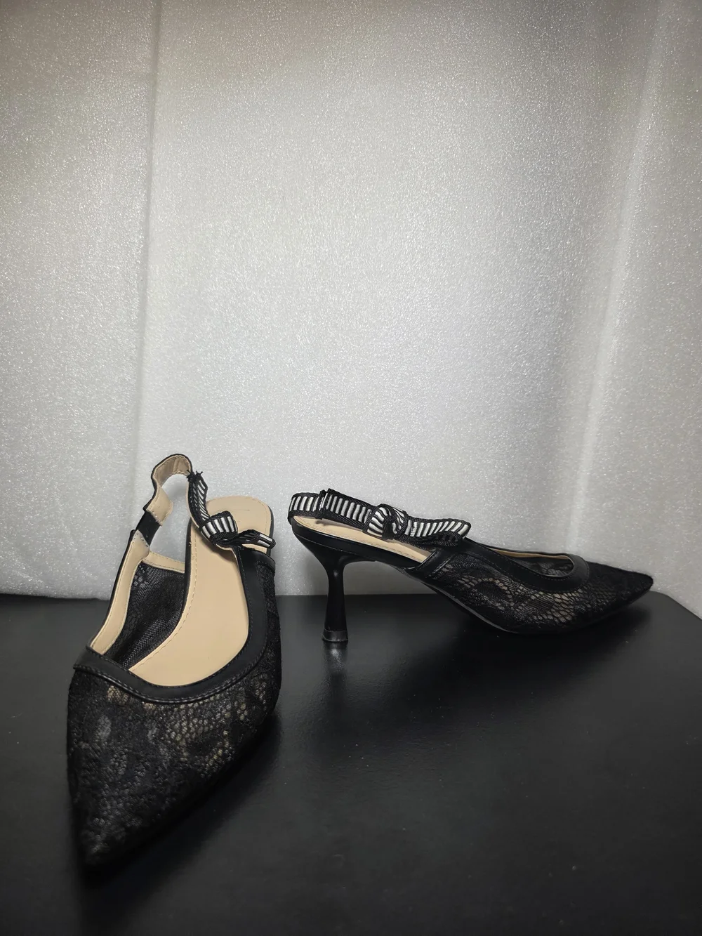 Black Lace Pointed Slingback Flats with Bow Accent